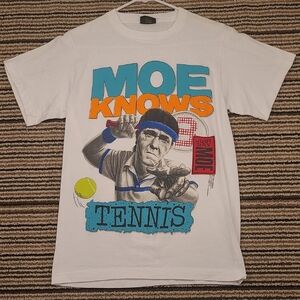 MOE KNOWS Tennis Changes Three Stooges White Single Stitch T Shirt Sz M VTG‎ 90s